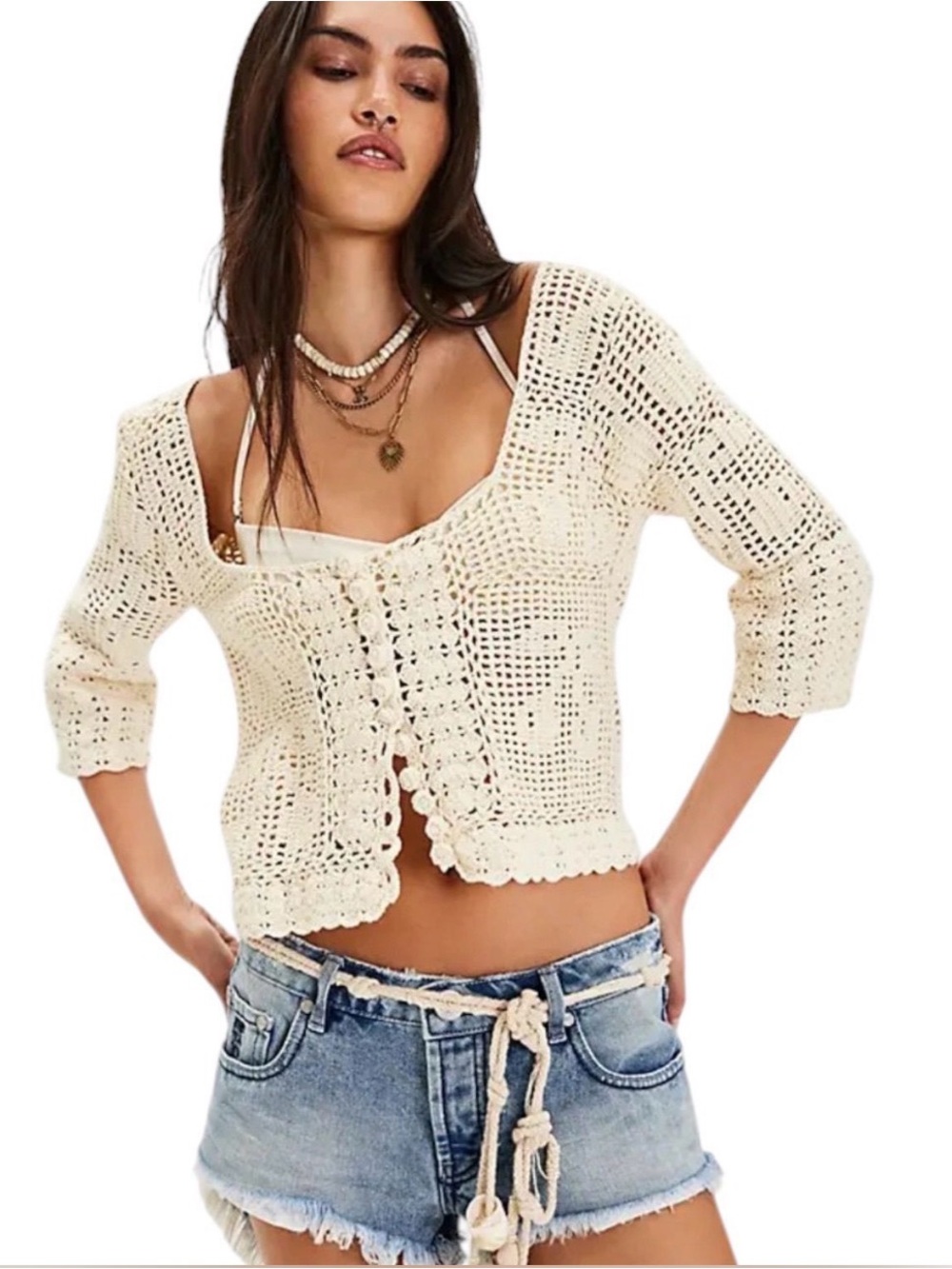 Free People Cream Crochet Button-Front Cardigan Sold Out